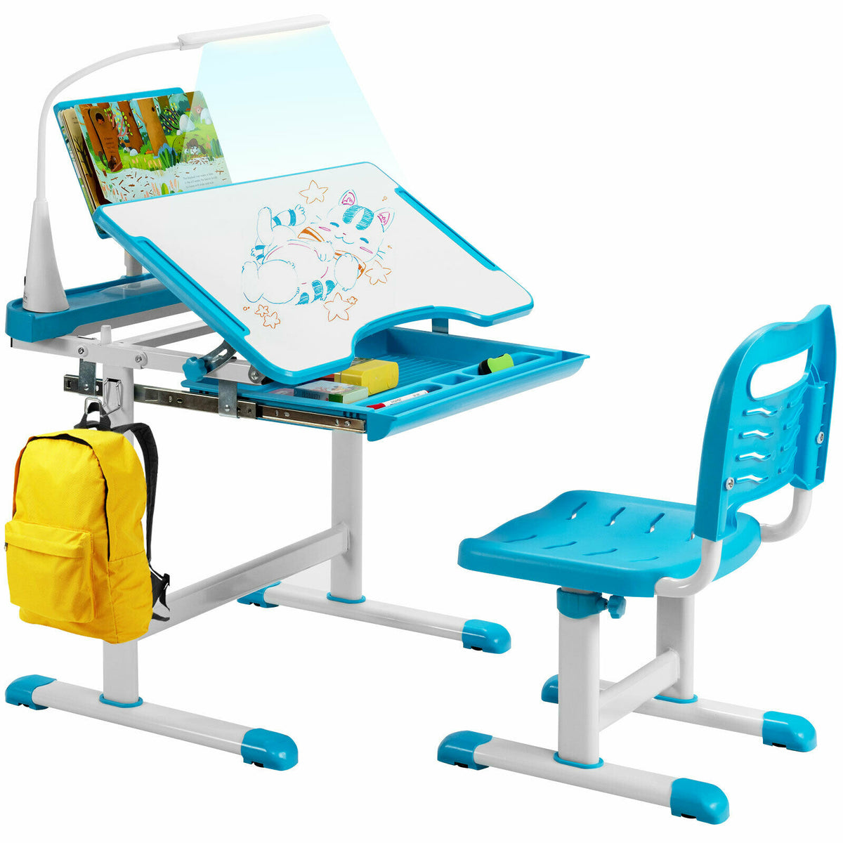 Adjustable Height Kids Desk - Tilted Workspace with Integrated Lamp and Drawer - Ideal Study Set for Children