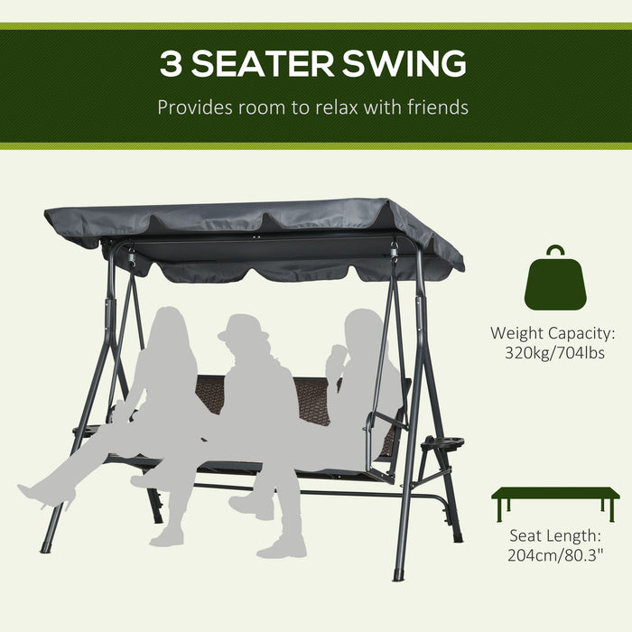 3 Seater Swing Chair with Adjustable Canopy - Rattan Bench Seat & Sturdy Steel Frame for Outdoor Relaxation - Ideal for Patio, Yard & Garden Comfort