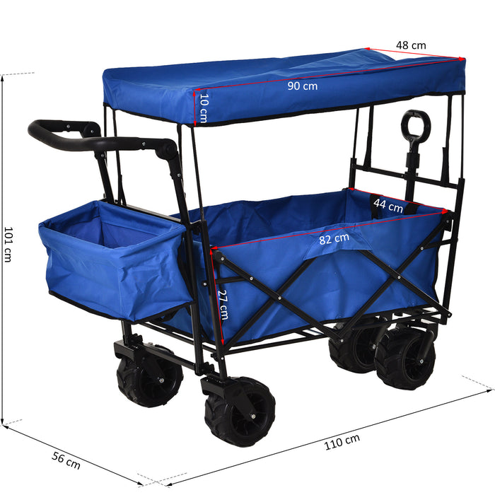 Outdoor Adventure Utility Cart - Foldable Trolley with 4-Wheel Stability, Overhead Canopy & Pull Handle - Ideal for Beach Trips, Shopping, and Gardening in Blue