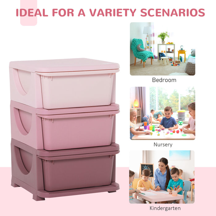 3-Tier Kids Storage Chest with Drawers - Vertical Pink Dresser Tower & Toy Organizer - Space-Saving Solution for Nursery & Playroom