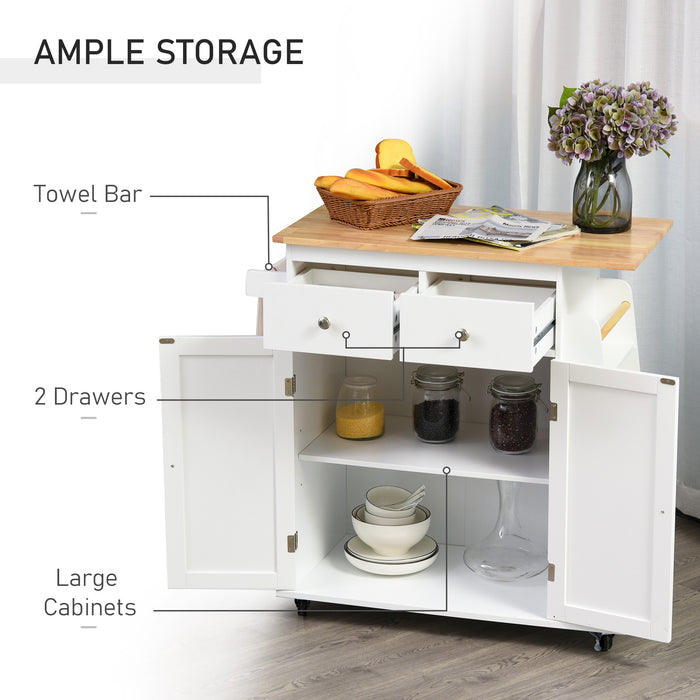 Kitchen Island Cart with Rubberwood Worktop - Rolling Trolley Storage Unit with 3-Tier Spice Rack, Spacious Cabinet & Drawers - Ideal for Kitchen Organization and Extra Counter Space