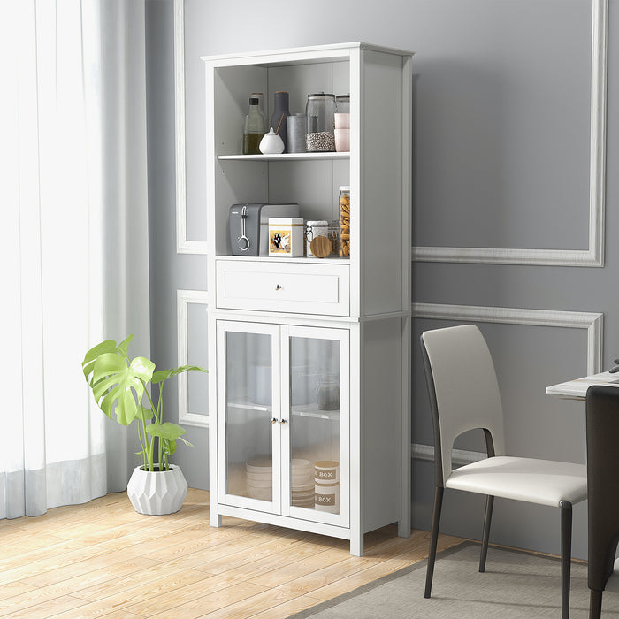 Pantry Storage Unit with Tempered Glass Doors - Kitchen Cupboard with Drawer, Open Shelf & Adjustable Shelves | 181.5 cm Tall in White - Ideal for Organizing Kitchenware & Food Essentials
