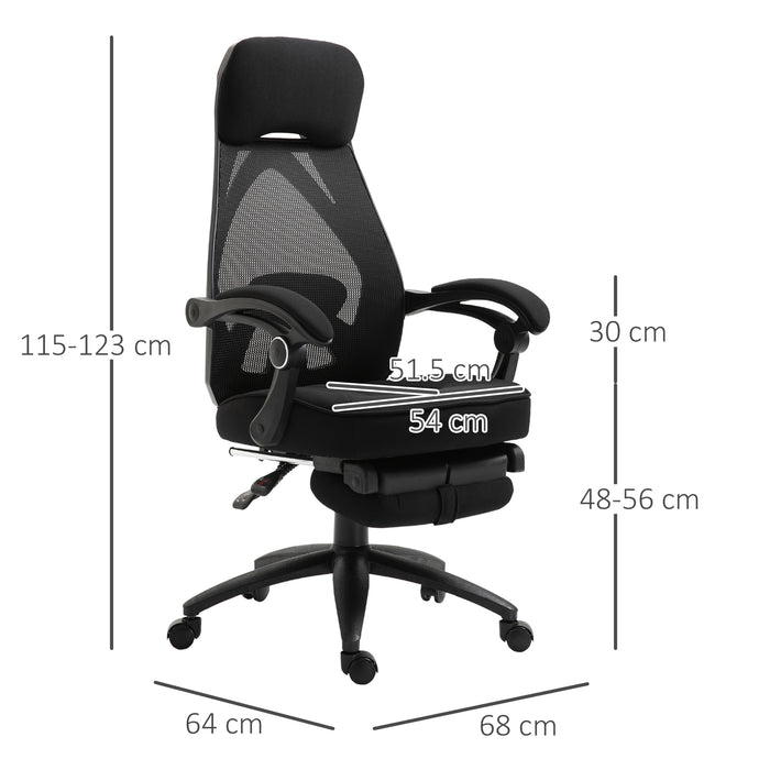 Ergonomic Mesh Office Chair with Extendable Footrest - High-Back Recliner with Adjustable Height and Headrest, in Black - Ideal for Home Office and Lunch Break Relaxation