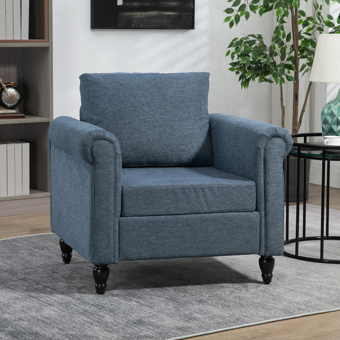 Vintage Tufted Accent Chair - Upholstered Lounge Armchair with Rubber Wood Legs and Rolled Arms in Dark Blue - Elegant Seating for Living Room or Reading Nook