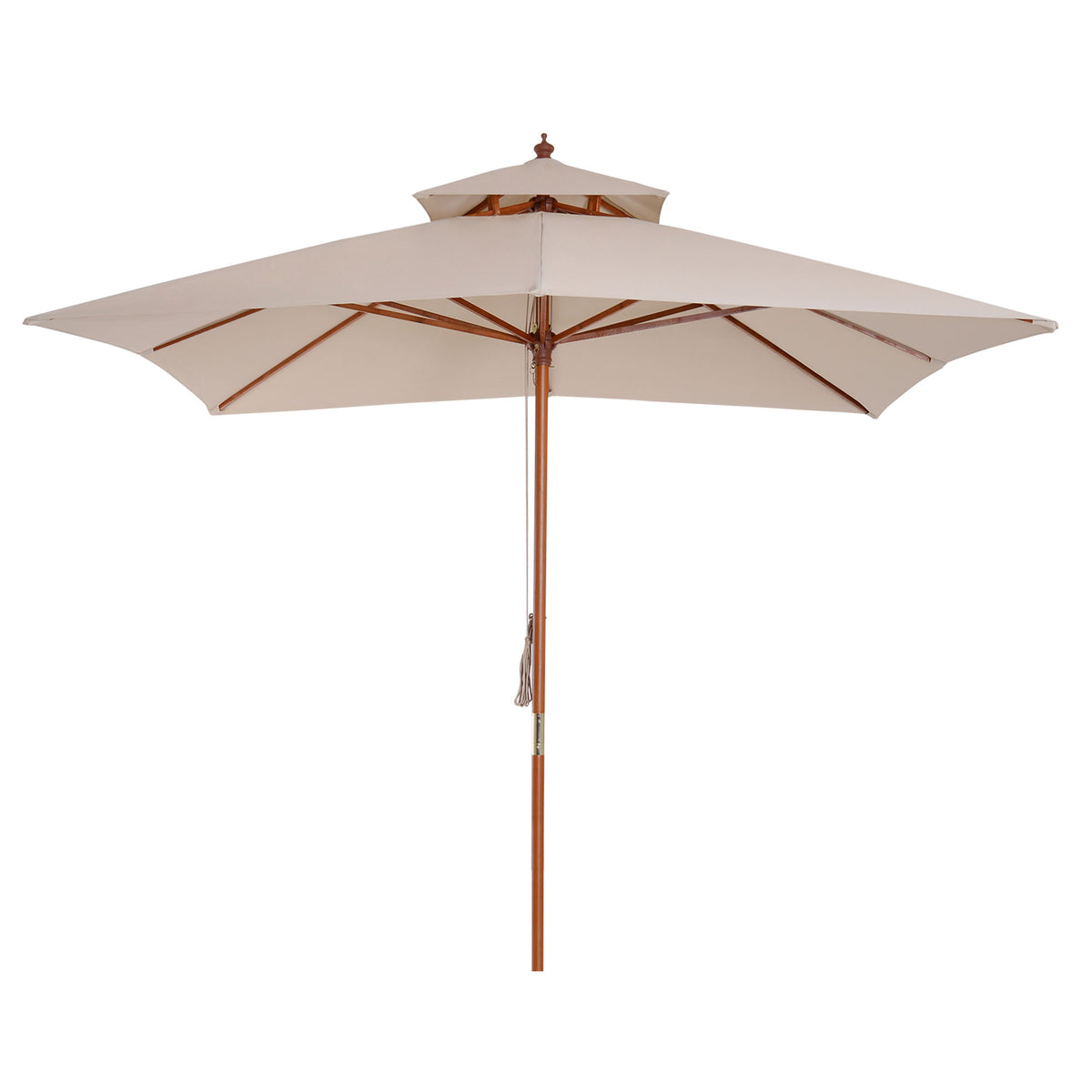 Beige 3x3M Double-Tier Garden Parasol - Patio Sunshade Umbrella with Wooden Canopy - Ideal for Outdoor Relaxation and UV Protection