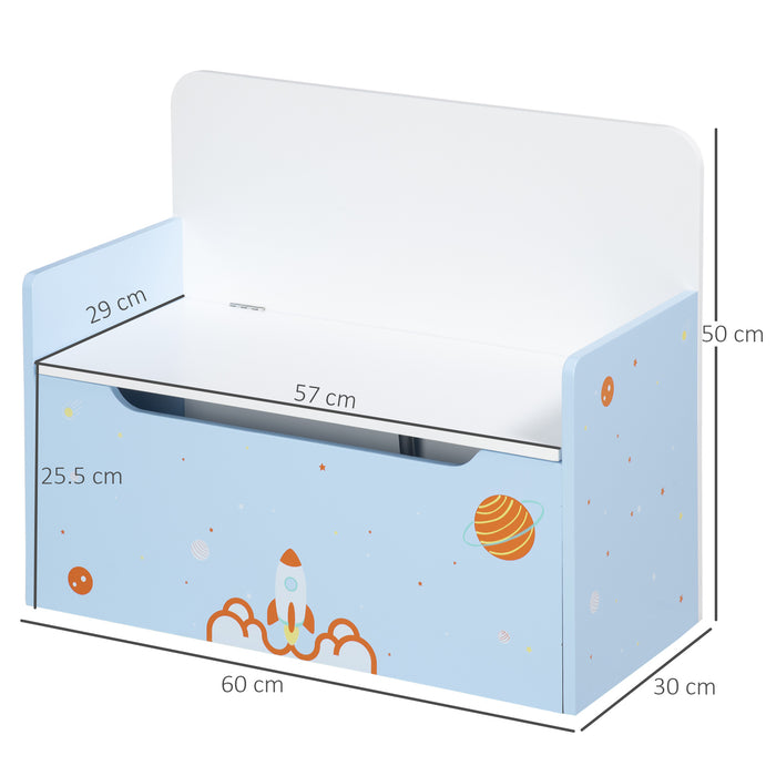 Wooden Toy Chest with Safety Hinge - 2-in-1 Kids Storage Bench and Toy Box Organizer, Rocket Design in Blue - Ideal for Children’s Room Organization