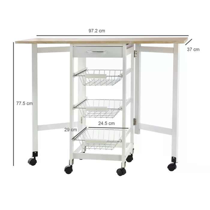 3-Tier Rolling Kitchen Trolley with Drop-Leaf Extension - White Oak Tone Cart with Baskets, Drawer, and 6 Wheels for Storage Organization - Mobile Dining Solution for Home Cooks and Small Spaces