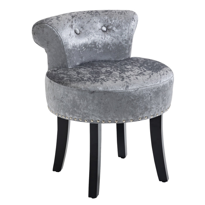 Velvet Makeup Seat with Rubber Wood Legs - Elegant Grey Dressing Table Stool for Living Room & Bedroom - Comfortable Ice Velvet Chair for Dressing Area