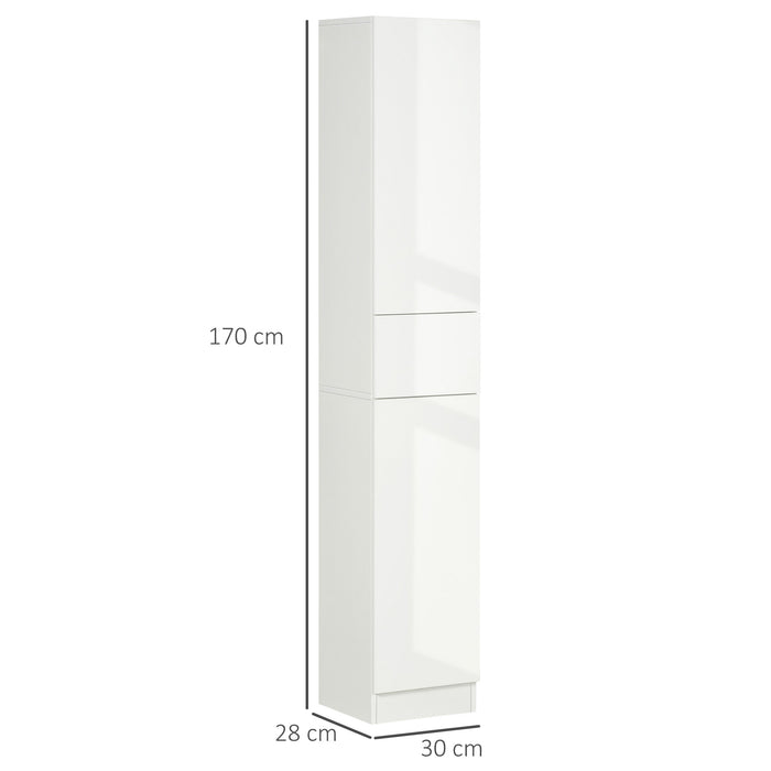Adjustable Shelf Tall Bathroom Cabinet - High Gloss Freestanding Storage Cupboard with Drawer - Space-Saving Organizer for Toiletries and Linens