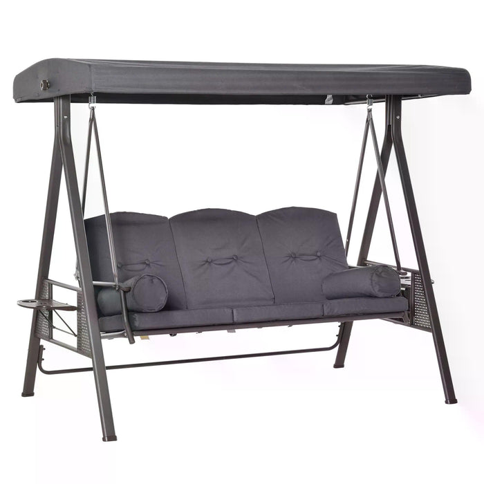 3-Seater Garden Swing Chair - Adjustable Canopy Outdoor Hammock Bench with Cushions & Cup Trays, Steel Frame in Dark Grey - Perfect for Patio Relaxation and Entertainment