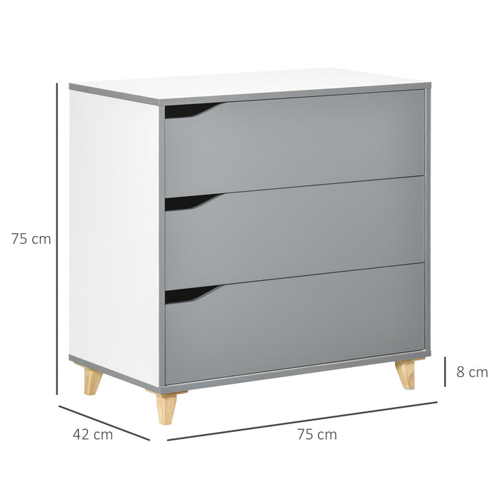 3-Drawer Grey Chest - Bedroom and Living Room Storage Unit with Pine Legs - Spacious 75x42x75cm Organizer for Home Clutter Management
