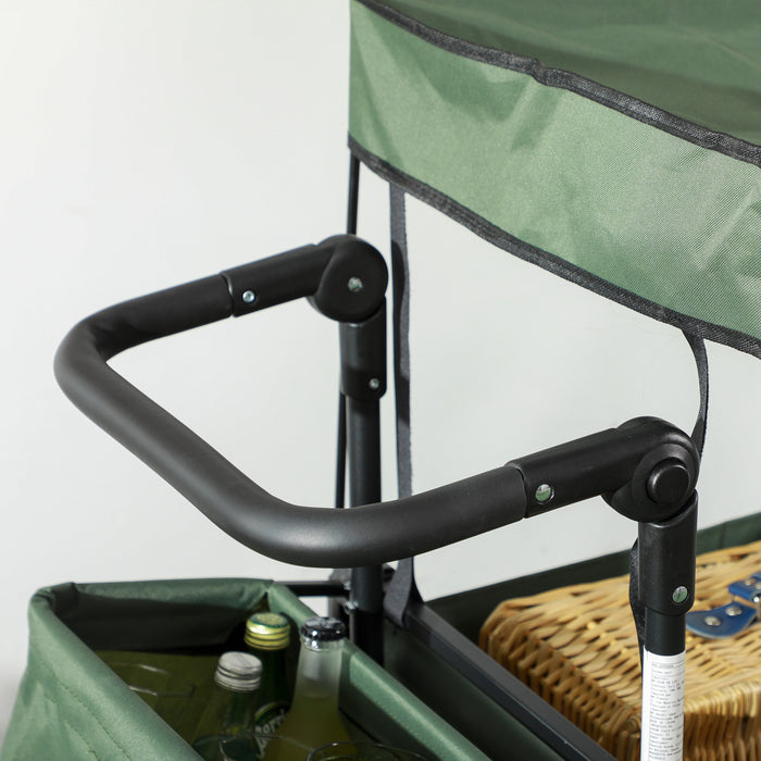 Beach Trailer Folding Trolley - 4-Wheel Storage Wagon with Canopy and Pull Handle - Ideal for Camping and Outings in Green