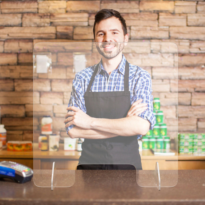 Freestanding Sneeze Guard Shield - With Convenient Transaction Window - Perfect for Customer Service and Retail Counter Spaces