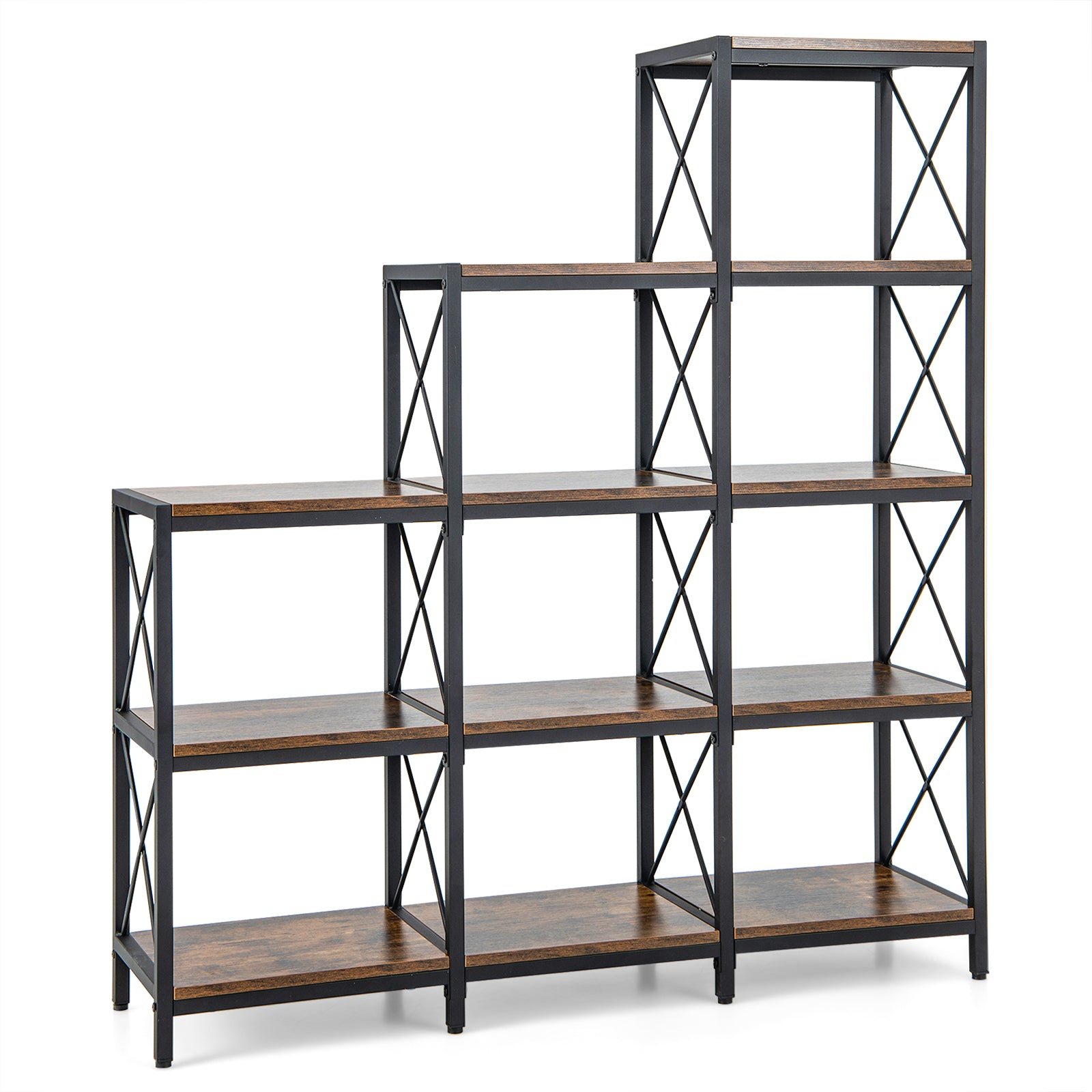 9 Cubes Bookcase with Carbon Steel Frame - 5-Tier Rustic Brown Bookshelf - Ideal for Book Lovers and Home Office Organizers