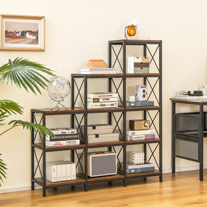 9 Cubes Bookcase with Carbon Steel Frame - 5-Tier Rustic Brown Bookshelf - Ideal for Book Lovers and Home Office Organizers