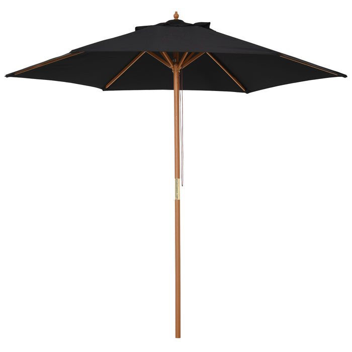 Wood Garden Parasol 2.5m - Outdoor Patio Sun Shade with Wooden Umbrella Stand, Black Canopy - Ideal for Home Backyard Comfort and UV Protection