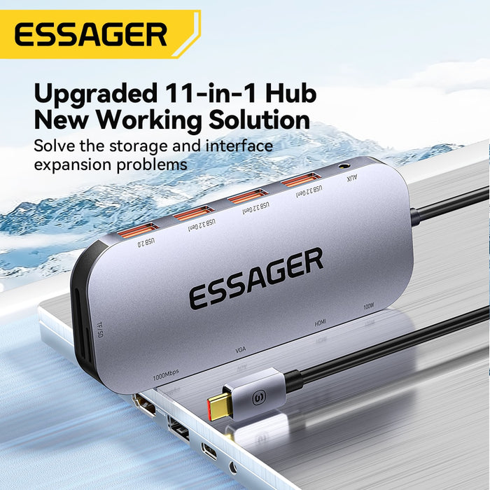Essager 11-in-1 USB-C Hub - 4K 30Hz Type C Docking Station, MacBook Air Pro Adapter Splitter, HDMI-Compatible & RJ45 - Perfect for Laptops and Enhancing Connectivity