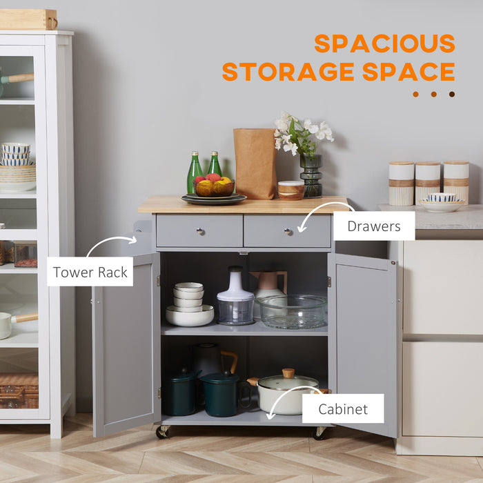 Rolling Kitchen Island Cart with Rubberwood Top - Multi-Purpose Utility Cart with Towel Rack, Hooks & Storage Drawers - Space-Saving Mobile Serving Station for Home Chefs & Entertainers