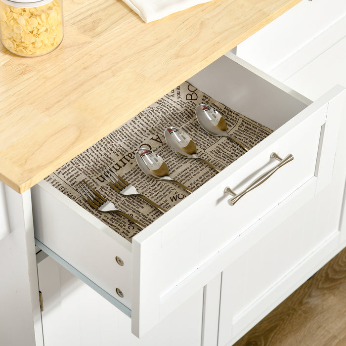 Modern Rolling Kitchen Cart - Rubberwood Top with 2 Drawers, Storage Utility Trolley in White - Ideal for Home Chefs & Extra Counter Space
