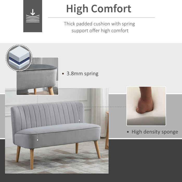 Velvet Double-Seater Couch with Wooden Frame - High Back, Foam Padded Comfort Sofa in Elegant Grey - Ideal for Compact Living Spaces and Cozy Seating
