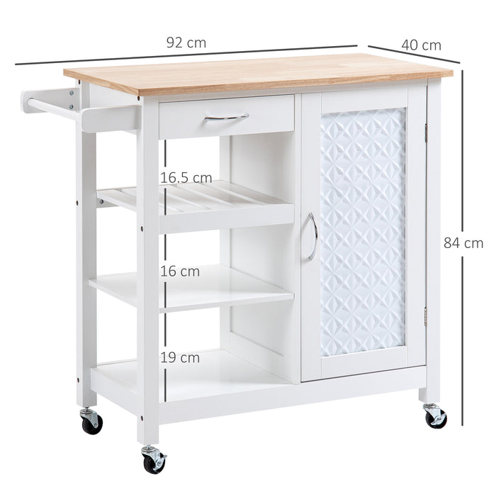 Utility Rolling Kitchen Island - Embossed Door Panel Cart with Storage Drawer and Wheels - Space-Saving Organizer for Kitchen Essentials