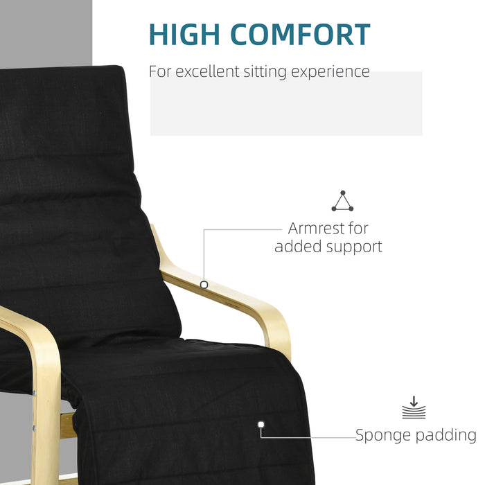 Wooden Lounging Deck Chair - Adjustable Recliner with Footrest and Removable Black Cushion - Comfortable Seating for Patio and Outdoor Relaxation