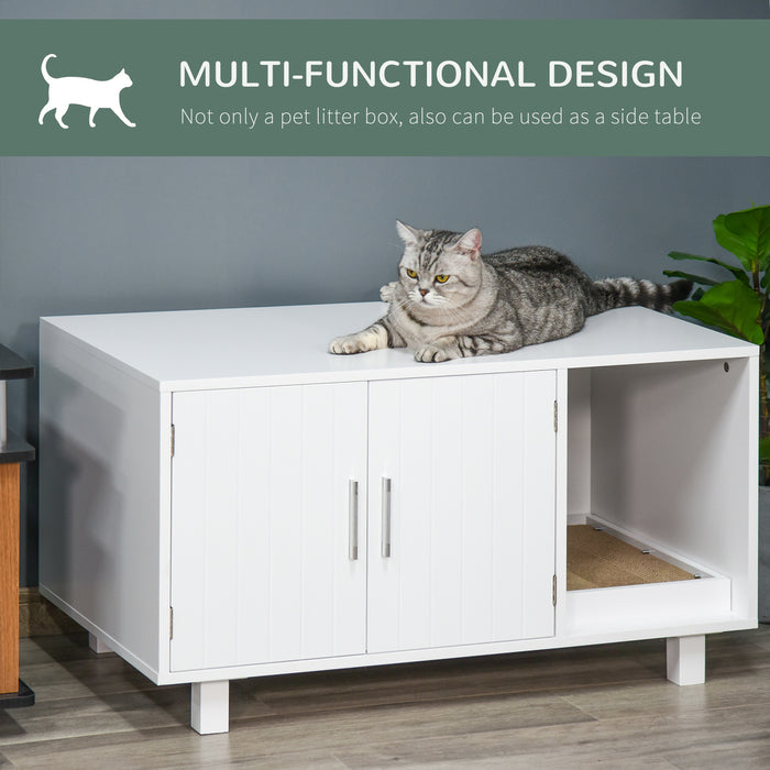 Wooden Cat Litter Box Enclosure - Multi-Functional Litter Box House with Scratching Pad and Magnetic Door - Stylish Nightstand for Cat Privacy and Home Decor
