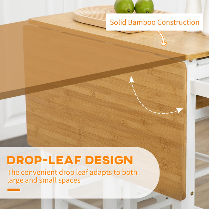 Bamboo Kitchen Island Set with Stools - Rolling Breakfast Cart with Drop Leaf, Drawers, Towel Rack - Space-Saving Dining Solution for Small Apartments