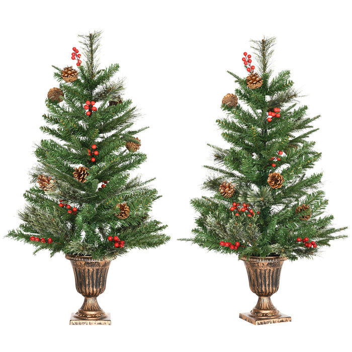 Artificial Christmas Tree Duo - 3ft Pre-Decorated Trees with 110 Lifelike Branches, Pine Cones, Berries in Gold Pot - Ideal for Doorways and Porch Holiday Decor