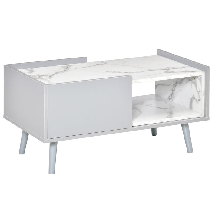 Duo Storage Two-Tone Coffee Table - Modern Marble Effect with Shelf and Drawer - Elegant Grey and White Side Table with Wooden Legs for Living Room