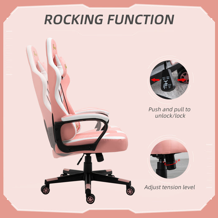 Ergonomic Racing Chair for Gamers - Lumbar Support, Adjustable Headrest, Swivel Wheels, PVC Leather - Comfortable Desk Seating for Home Office Use, Pink & White