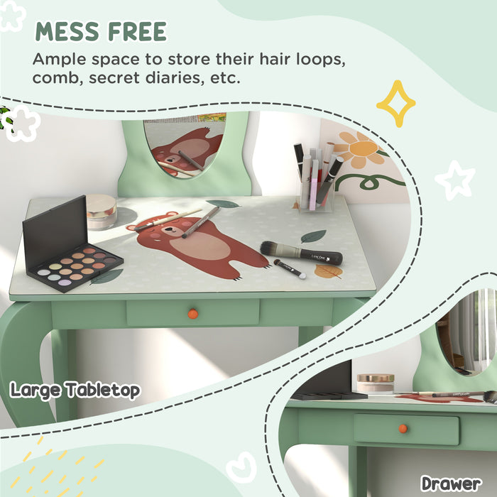 Kids' Green Bedroom Ensemble - Bed Frame, Toy Chest, Dressing Table with Mirror and Stool - Perfect for Ages 3-6 Years