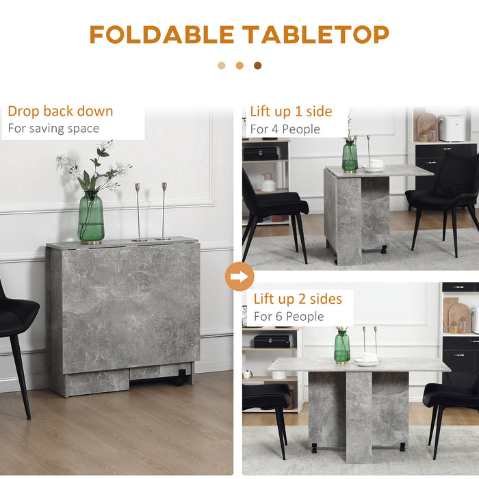 Drop Leaf Folding Dining Table with 2-Tier Storage Shelves - Compact Kitchen Table on Wheels, Cement Grey - Ideal for Small Spaces & Versatile Use