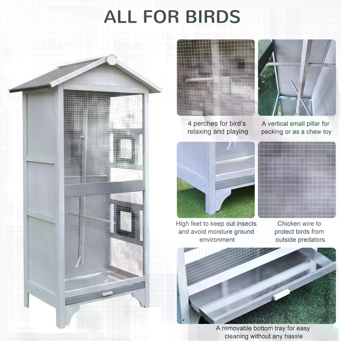 Large Wooden Bird Cage with Playhouse - Outdoor Aviary with 4 Perches and Easy-Clean Removable Tray - Ideal for Pet Birds and Wildlife Enthusiasts