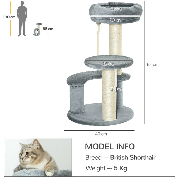 Kitty Scratcher 65cm Cat Tree - Activity Center with Scratching Post, Playhouse & 2 Perches - Ideal for Cats Exercise and Rest with Hanging Sisal Rope, Grey