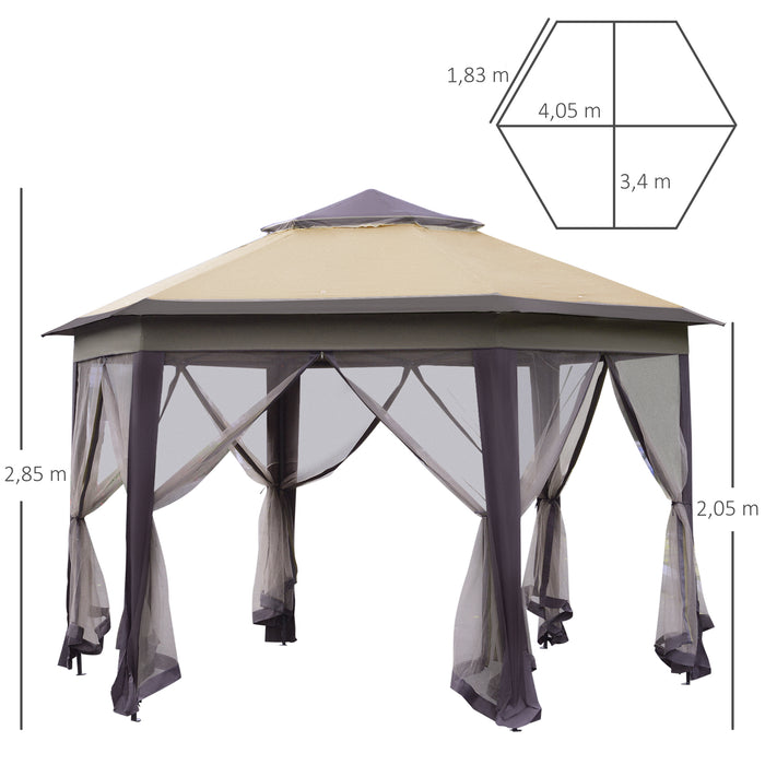 Hexagon Patio Gazebo with Double Roof - Pop-Up Outdoor Instant Shelter with Netting, 4m x 4m, Beige - Ideal for Garden Gatherings and Protective Shade