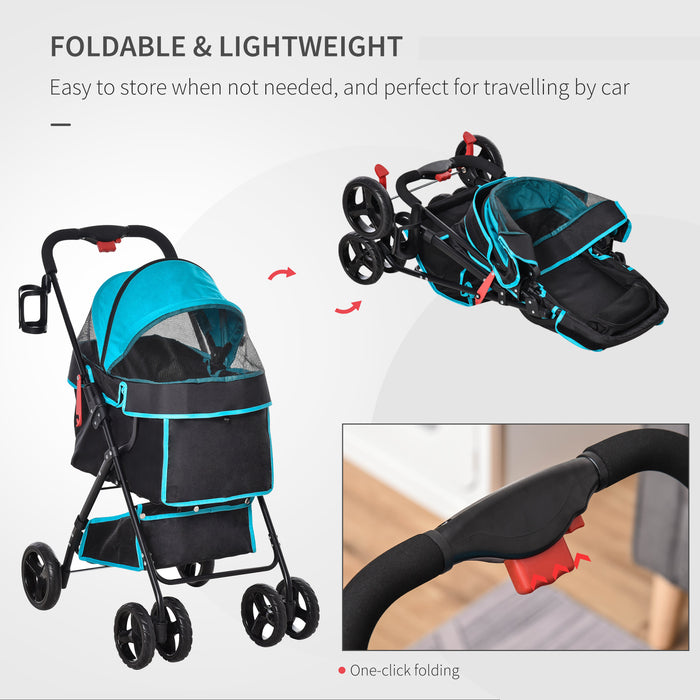 Pet Travel Stroller with One-Click Folding - EVA Wheel Pushchair with Brake, Removable Basket & Bottle Holder - Adjustable Canopy and Safety Leash for Dogs and Cats