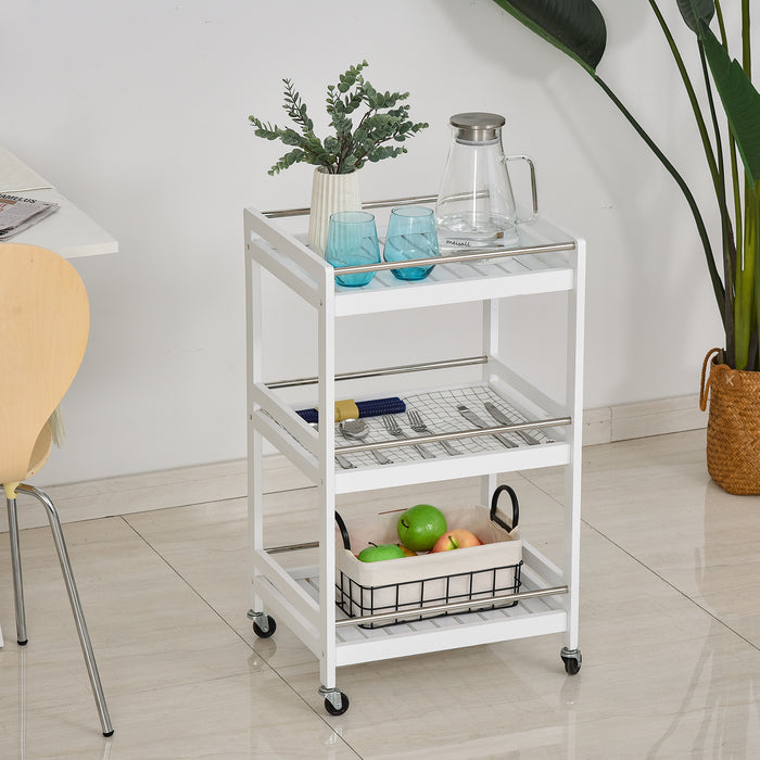 3-Tier Home Trolley - Kitchen and Living Room Storage Organizer with Steel Bars and 4 Rolling Wheels - Space-Saving Mobile Utility Cart for Household Use