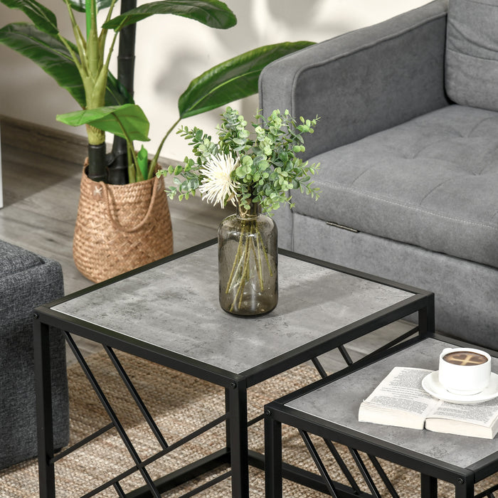 Nest of 3 Square Side Tables - Black Metal Frame & Grey Finish for Modern Decor - Versatile Living Room, Bedroom, and Office Furniture