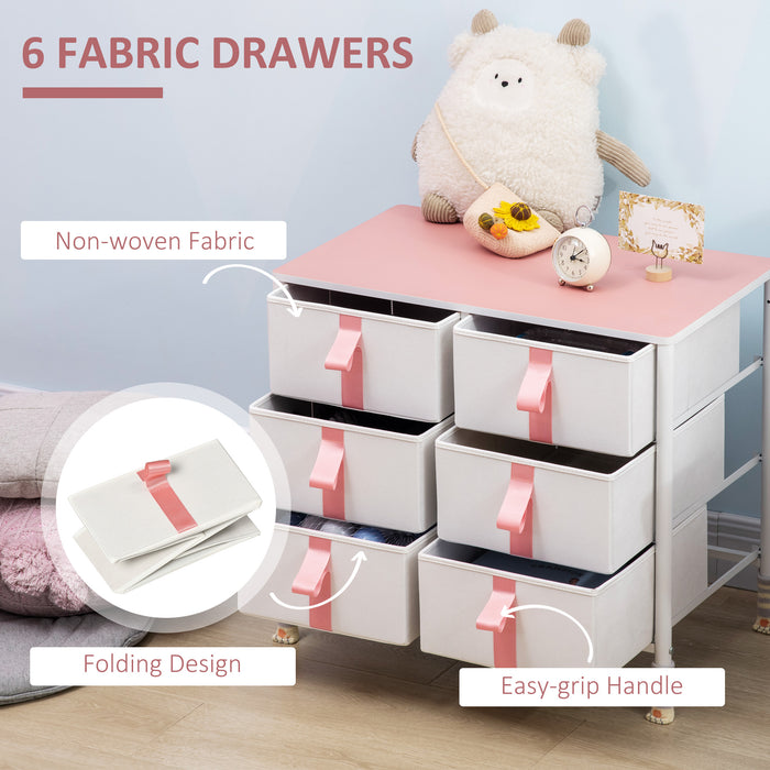 6-Fabric Drawer Dresser - Sturdy Metal Frame and Wooden Top Chest of Drawers - Space-Saving Cloth Organizer for Kids Room, Living Room in Pink