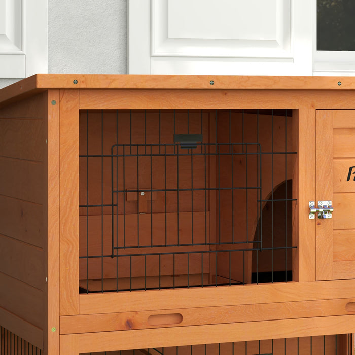 Two-Tier Antiseptic Wood Rabbit Hutch - Spacious 80cm Guinea Pig Habitat with Enclosed Run, Orange Finish - Ideal for Small Pet Safety and Comfort