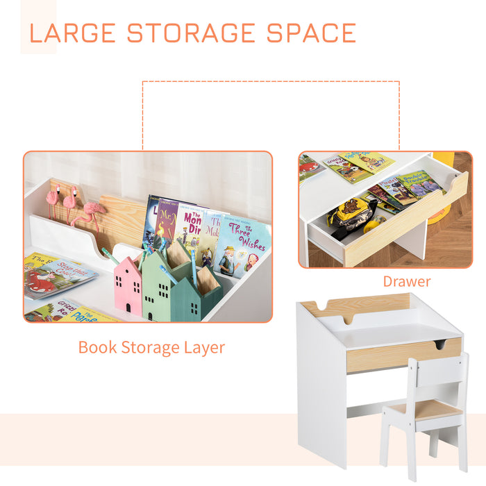 Kids Study Space - Ergonomic 2-Piece Desk and Chair Combo with Storage and Bookshelf - Ideal for Reading, Writing, and Drawing Activities, Ages 3-6