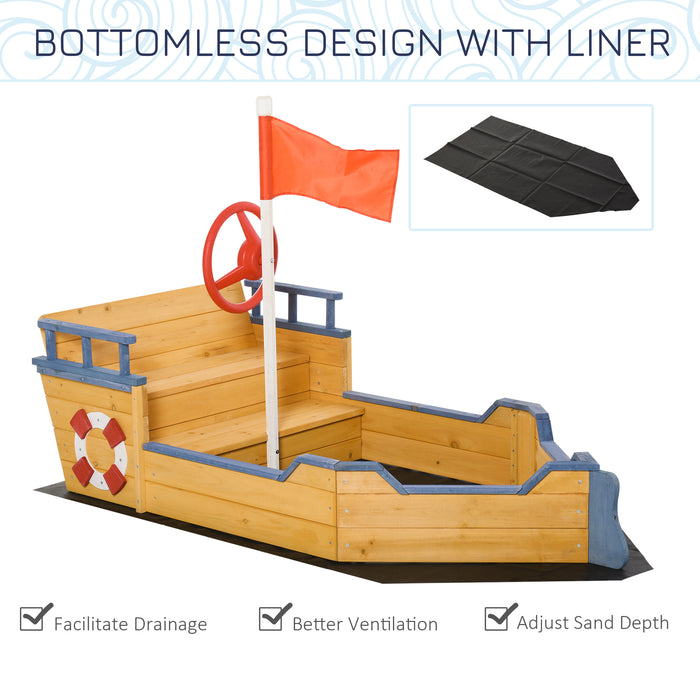 Pirate Ship Wooden Sandpit for Kids - Children's Sandbox with Bench and Bottom Liner for Outdoor Play - Backyard Adventure Play Station for Imaginative Fun