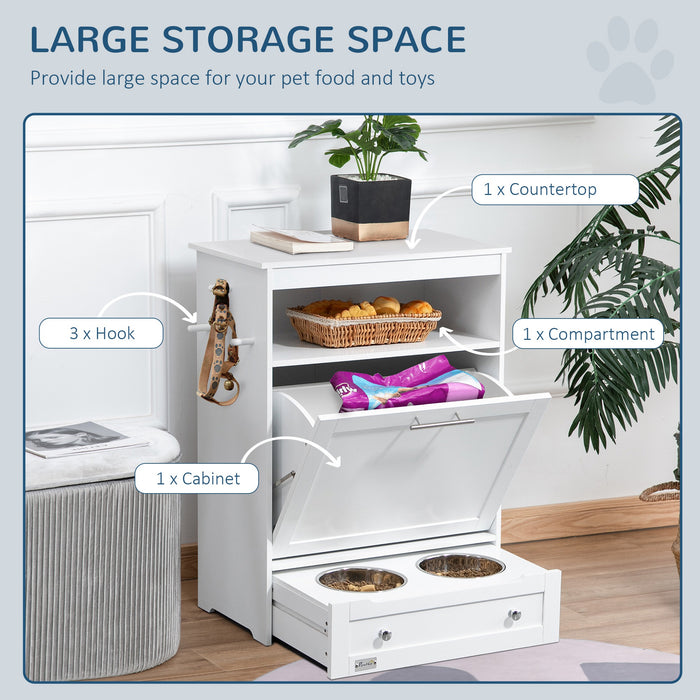 Pet Feeder Station with Storage - Elevated Dog Bowls & Food Container Cabinet with Hanger - Ideal for Organizing Pet Feeding & Watering Supplies