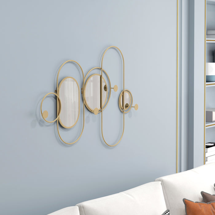Modern Gold-Toned Metal Wall Mirror with Coat Hooks - Decorative Wall Art for Home Styling - Ideal for Living Room and Bedroom Organization
