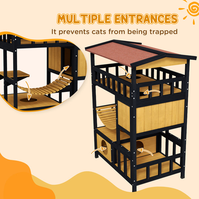 Four-Tier Wooden Outdoor Cat Shelter - Sturdy Feral Cat House with Suspension Bridge, Balcony, and Escape Doors - Perfect Haven for Outdoor or Stray Cats