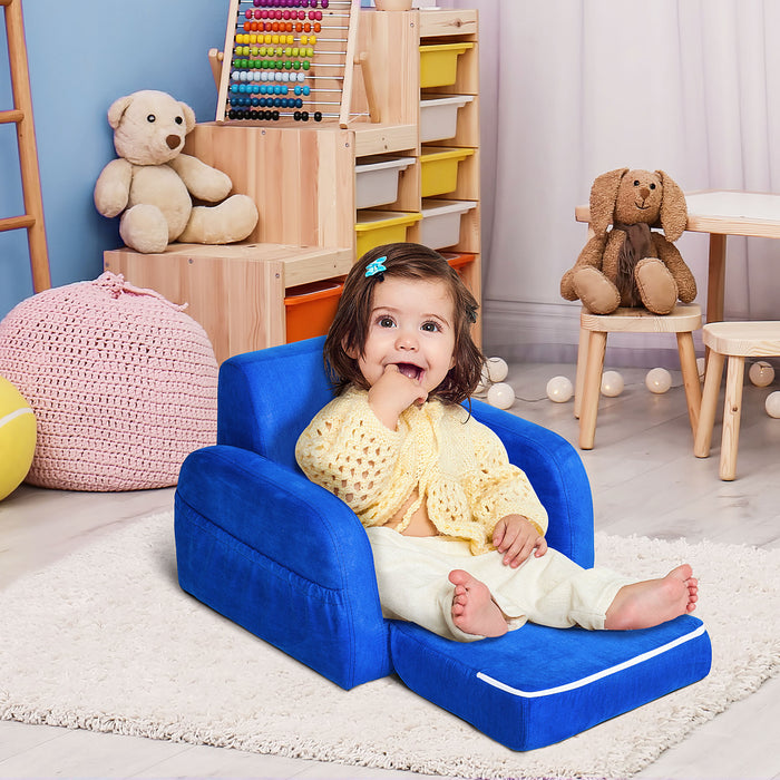 Kids 2-in-1 Sofa Chair Bed - Folding Soft Flannel Foam Couch for Toddlers - Convertible Furniture for Playroom & Bedroom, Ages 3-4, Blue