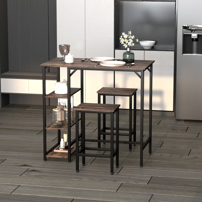 Industrial Bar Height Dining Table Set with Side Shelf - Includes 2 Stools for Kitchen or Dinette - 3-Piece Coffee and Dining Room Furniture Combo