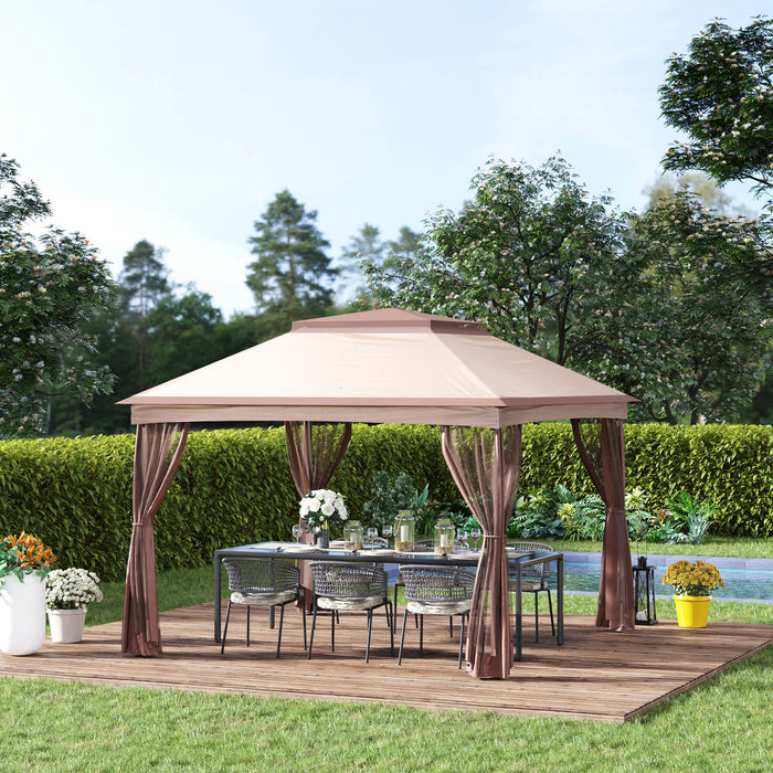 3x3m Metal Gazebo with Net Curtain Zipper Door - Outdoor Garden Canopy Pop Up Tent for Parties & Sun Shelter - Ideal for Entertaining & Protecting Against Elements, Khaki