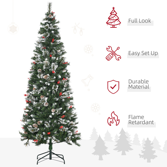 Slim Pencil Artificial Christmas Tree with Snow-Dipped Tips - 7ft Height, 738 Lifelike Branches, Pine Cones & Red Berries, Easy Auto-Open Feature - Perfect for Festive Home Decoration